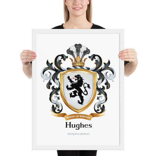 A woman standing in a white background, holding a white framed print of the Welch Hughes Family Crest featuring a featuring a black lion on a white shield.