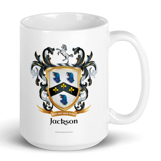 A white mug on a white background with the Jackson Family Crest featuring 3 eagle heads on the front of the mug