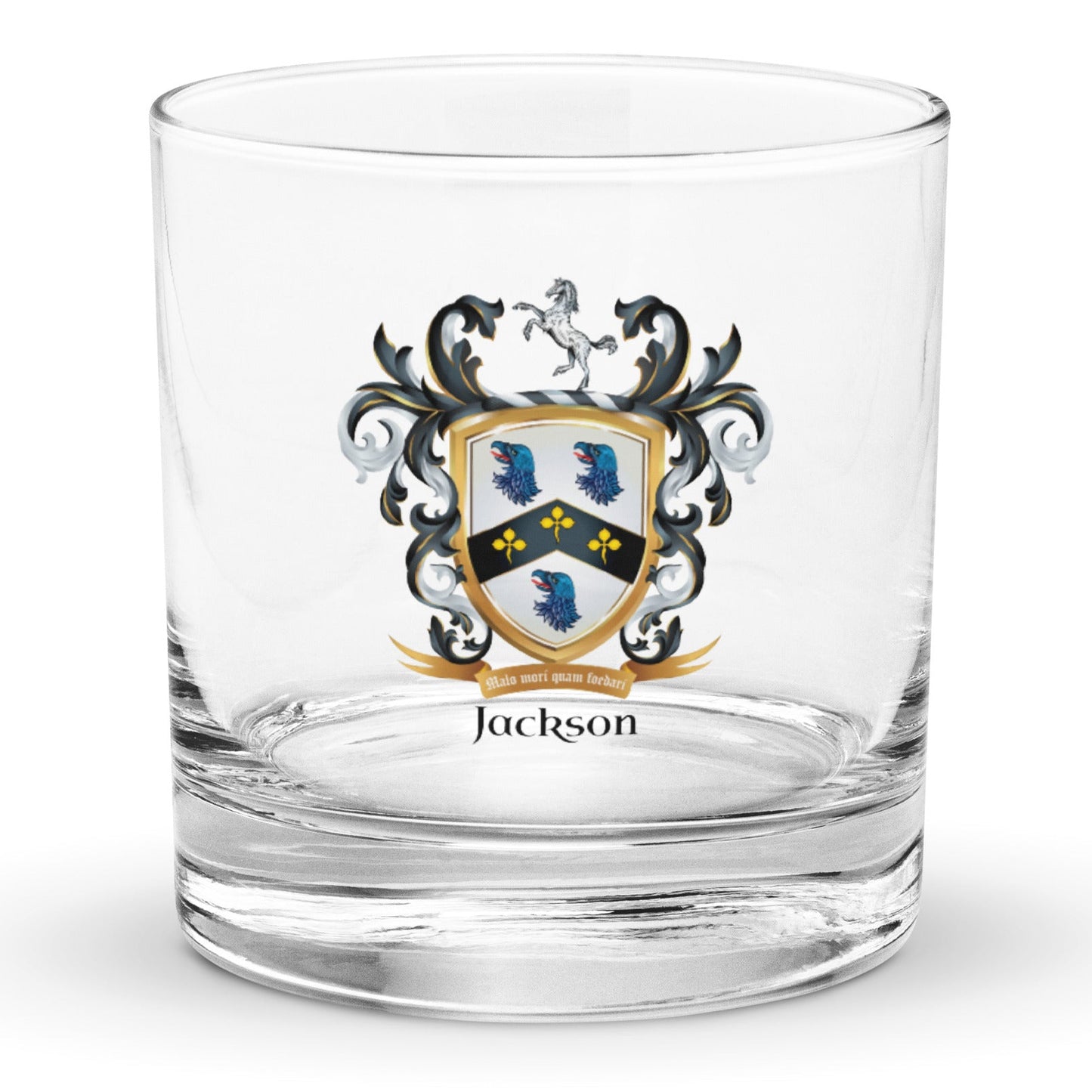 A clear glass with a Jackson coat of arms design on a white background