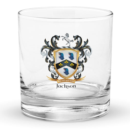 A clear glass with a Jackson coat of arms design on a white background