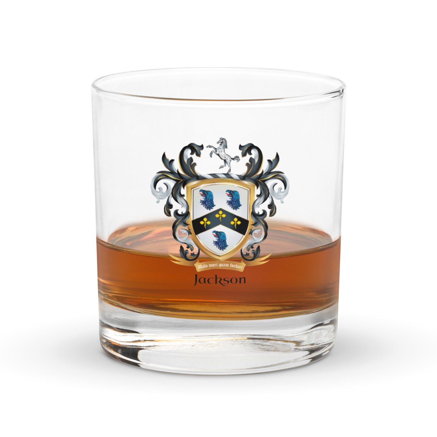 Half full glass of whiskey with a Jackson family crest on a white background