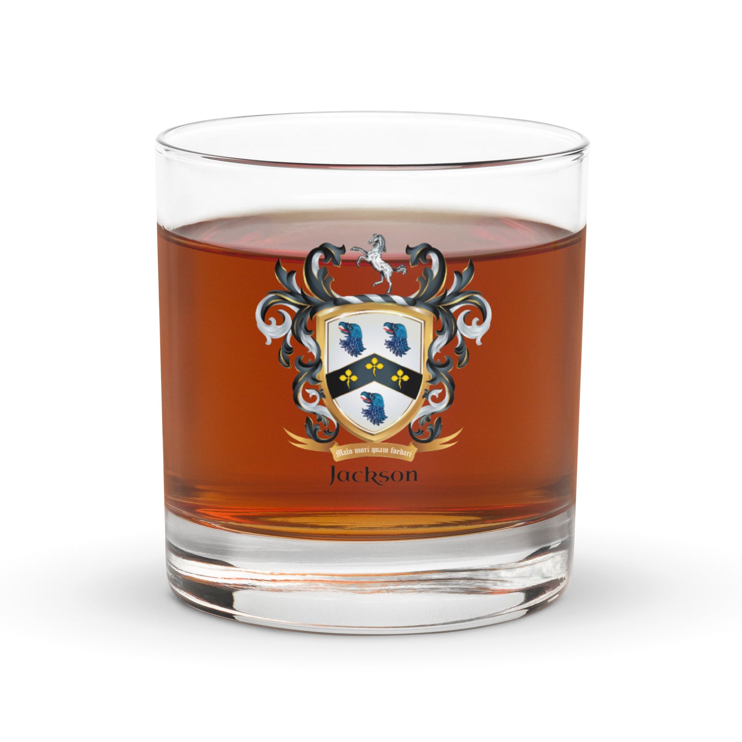 Full glass of whiskey with a Jackson family crest on a white background
