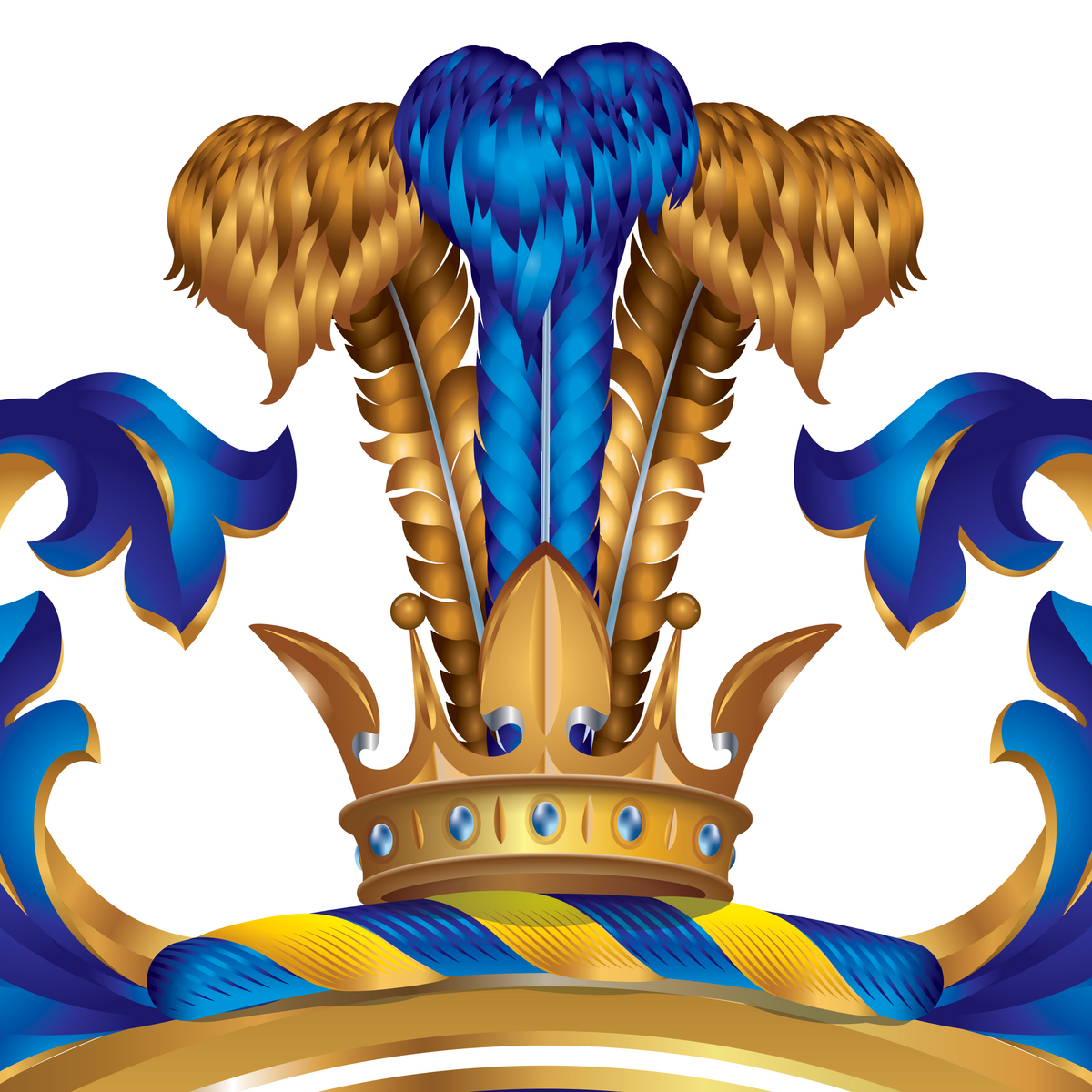 A digital graphic illustration of a royal crest or crown, featuring a gold crown adorned with three blue feathers, flanked by symmetrical blue and gold scrollwork on a white background.