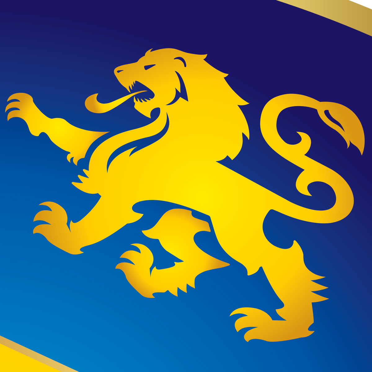 A close-up of the James Coat of Arms showing a golden lion rampant emblem on a blue background.