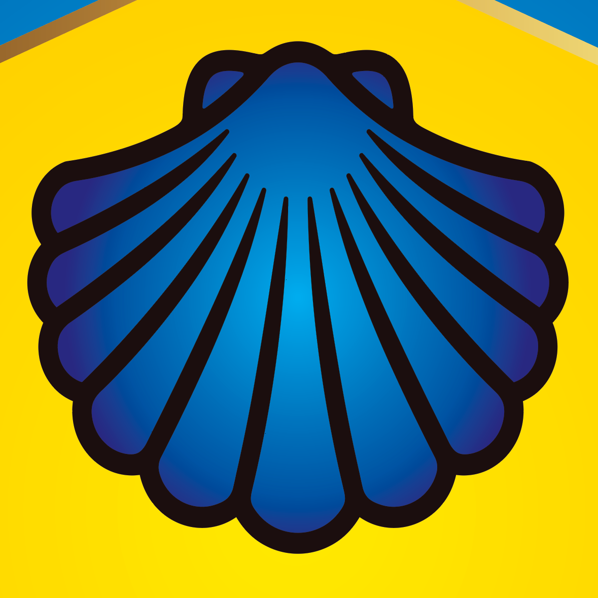 A close-up of the James Coat of Arms featuring a blue scallop shell on a yellow /gold background.
