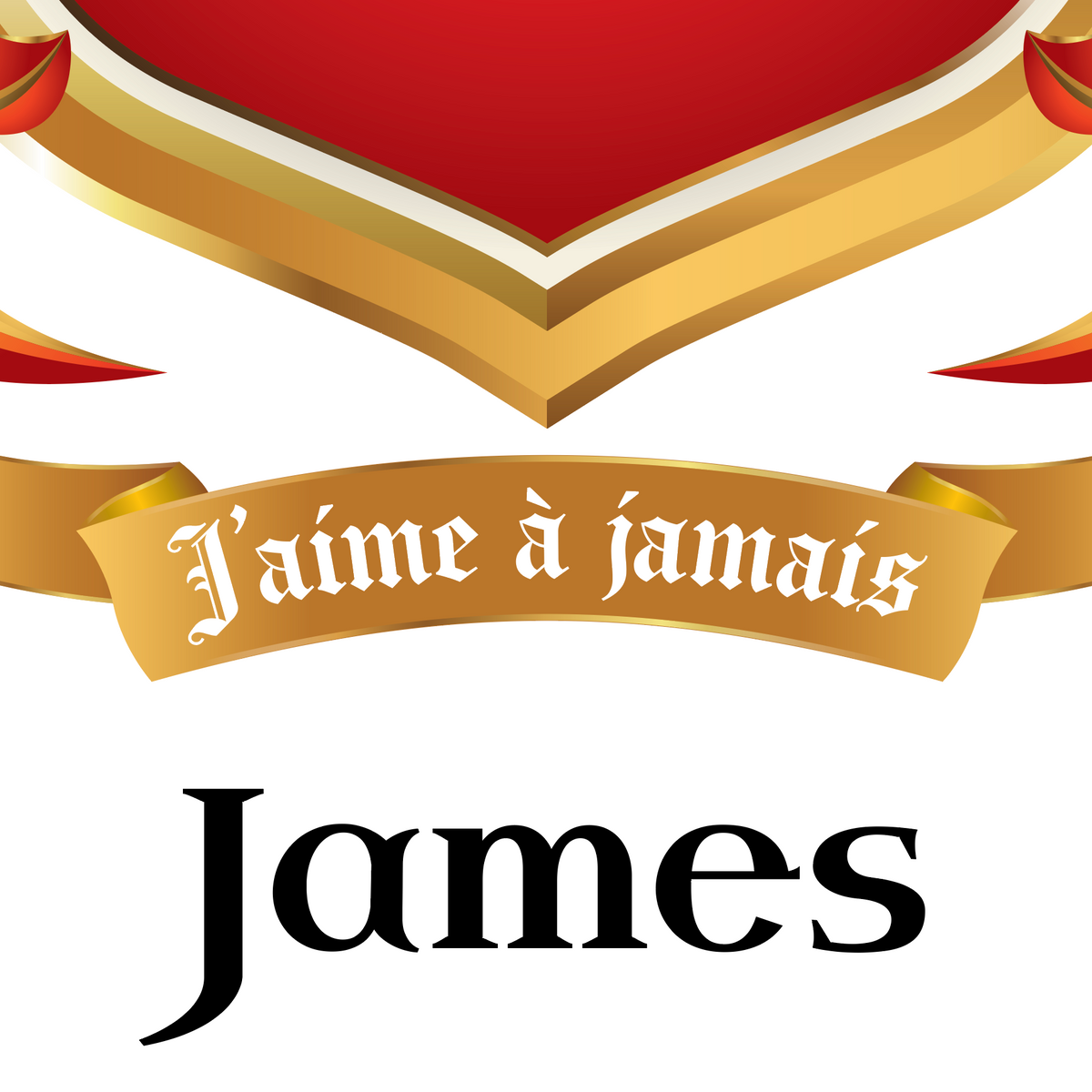 A close-up of the James Coat of Arms featuring a gold motto ribbon banner reading 'Je aime à jamais' in white script, and the name 'James' in black heraldic text below on a white background.