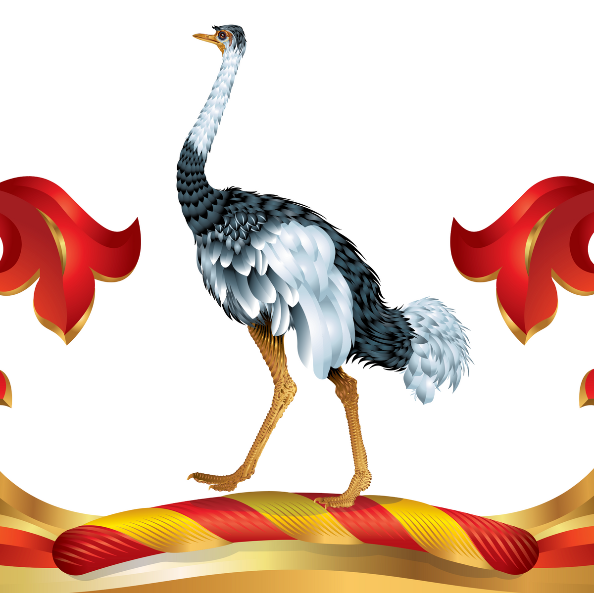 A close-up of the James Coat of Arms of Langley Hall featuring an ostrich standing on a red and gold cusion / wreath of the crest, with ornate red and gold mantling on both sides, on a plain white background.