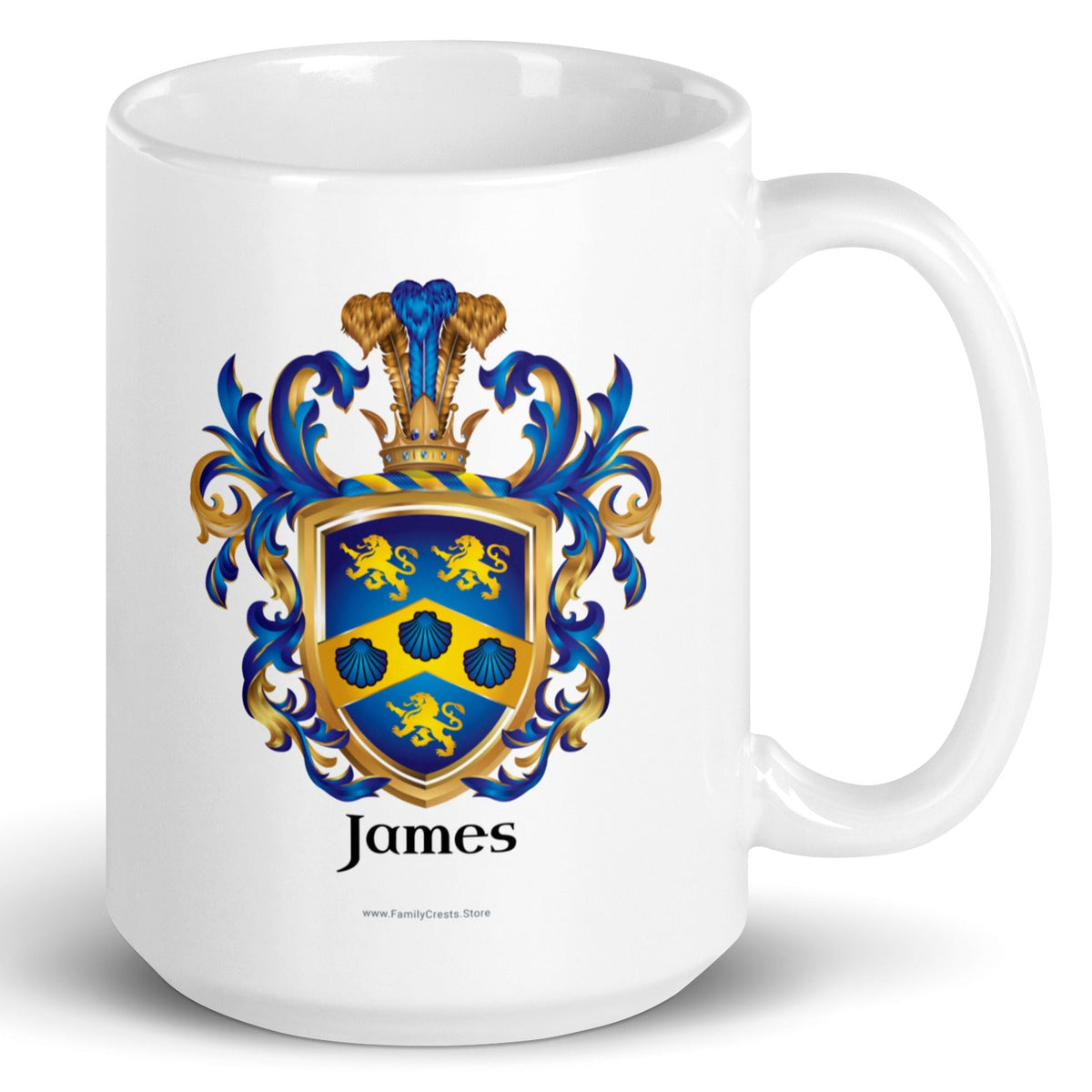 A white mug with handle to right, on a white background, printed with the James Family Crest which features a blue shield with a golden chevron containing 3 blue clam shells and two gold lions above the chevron and one beneath it.