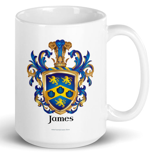 A white mug with handle to right, on a white background, printed with the James Family Crest which features a blue shield with a golden chevron containing 3 blue clam shells and two gold lions above the chevron and one beneath it.