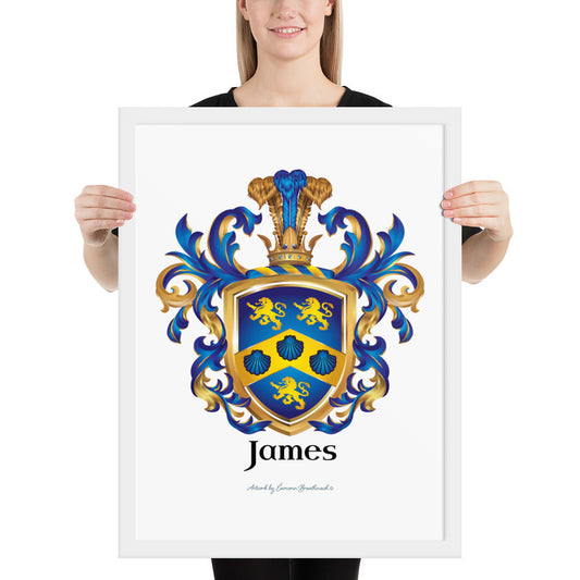 A woman standing in a white background, holding a white framed print of the James Family Crest which features a blue shield with a golden chevron containing 3 blue clam shells and two gold lions above the chevron and one beneath it.