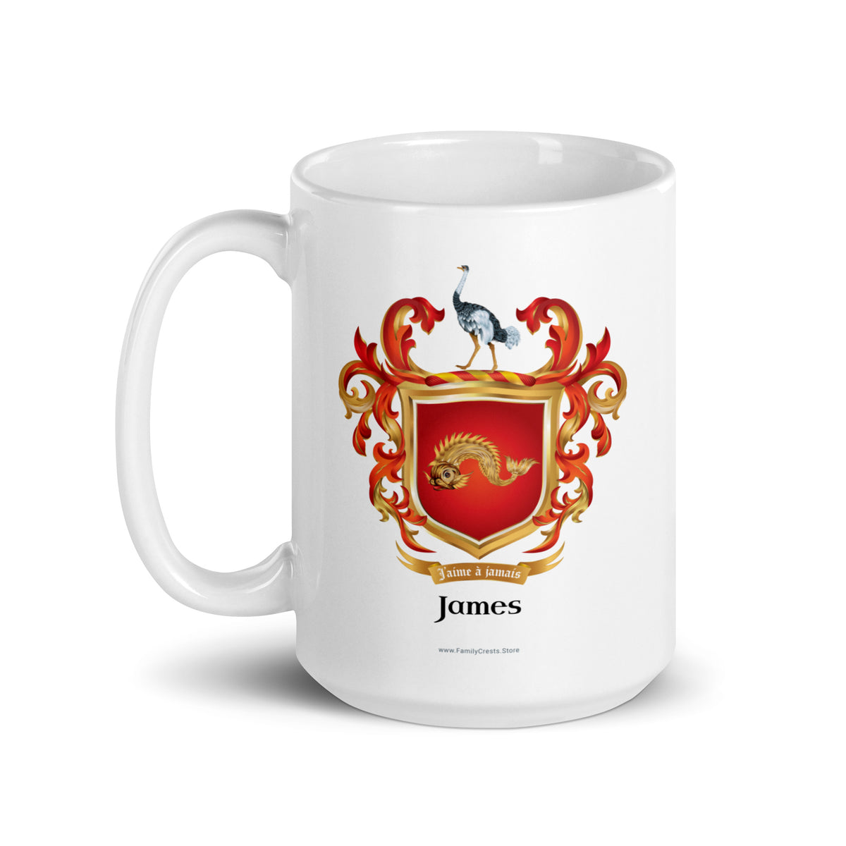 A white mug with handle to left, on a white background, printed with the James Family Crest of Langley Hall featuring a sea creature on a red shield and an ostrich on the crest.
