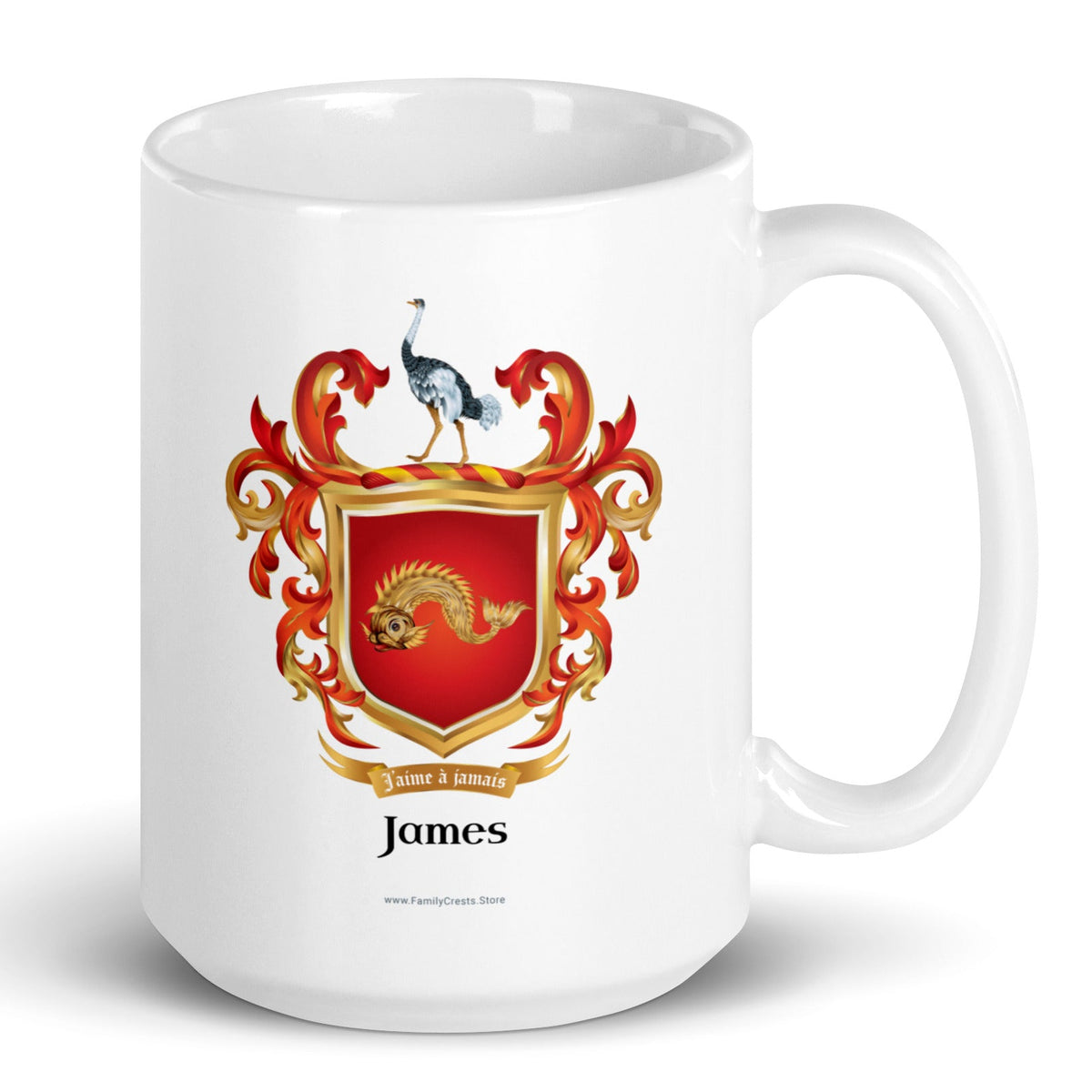 A white mug with handle to right, on a white background, printed with the James Family Crest of Langley Hall featuring a sea creature on a red shield and an ostrich on the crest.