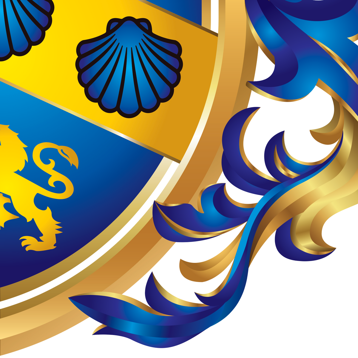 A close-up of the James Family Crest featuring the ornate blue and gold mantling on the coat of arms.