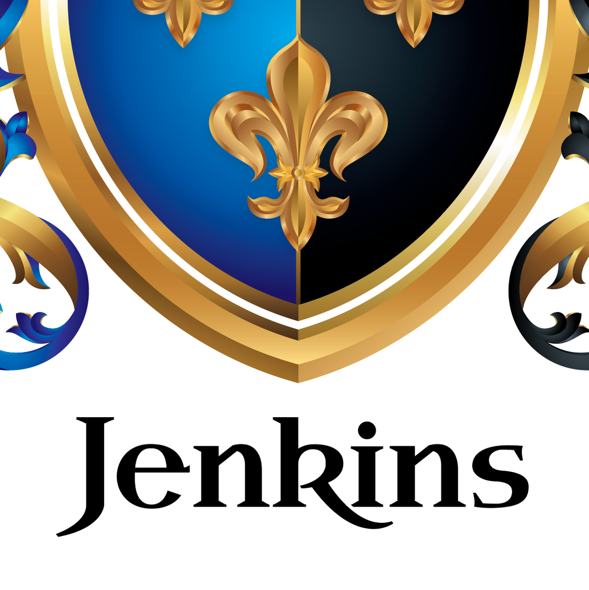 A close-up of the lower half of the Jenkins Family Coat of Arms featuring a heraldic shield with a gold fleur-de-lis over a split blue and black background, framed in gold, with the name 'Jenkins' in black serif text below on a white background.