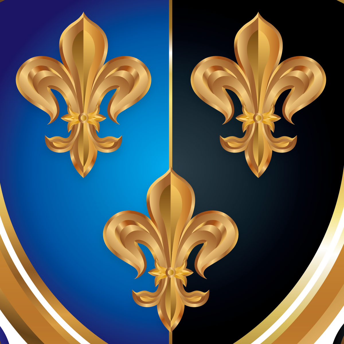 A close-up of the Jenkins Family Coat of Arms featuring a heraldic shield design with a vertical blue and black split background, three gold fleur-de-lis motifs, and a gold border.