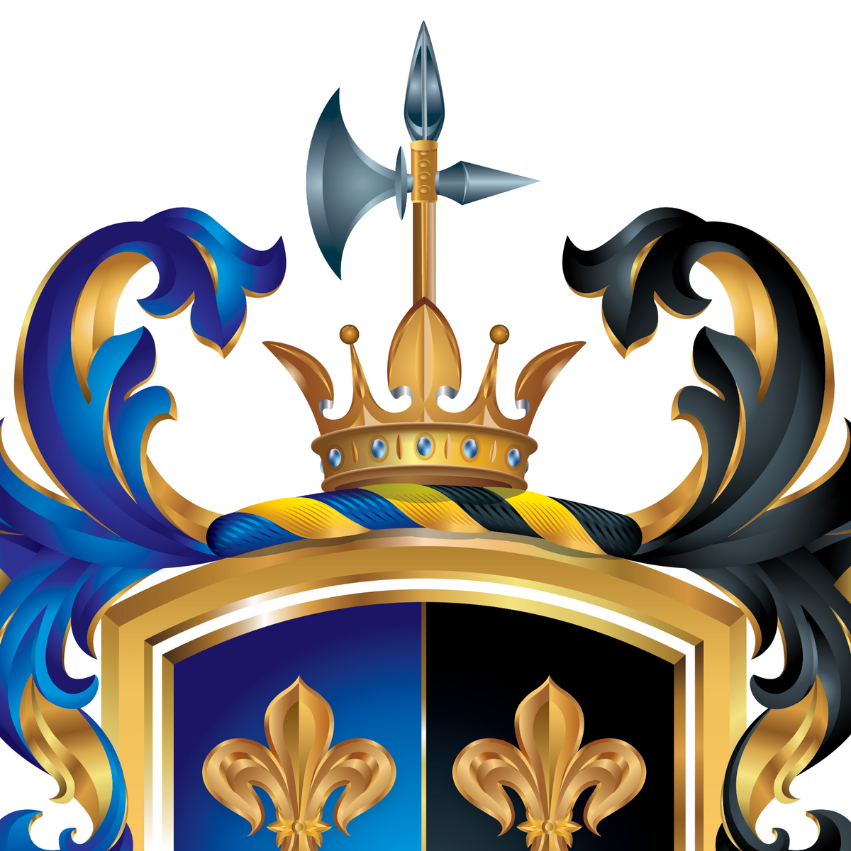 A close-up of the Jenkins Family Coat of Arms featuring a heraldic crest-style emblem with a gold crown, blue and black scrollwork, a silver spear axe-head, and a shield featuring two gold fleurs-de-lis on a blue and black background.