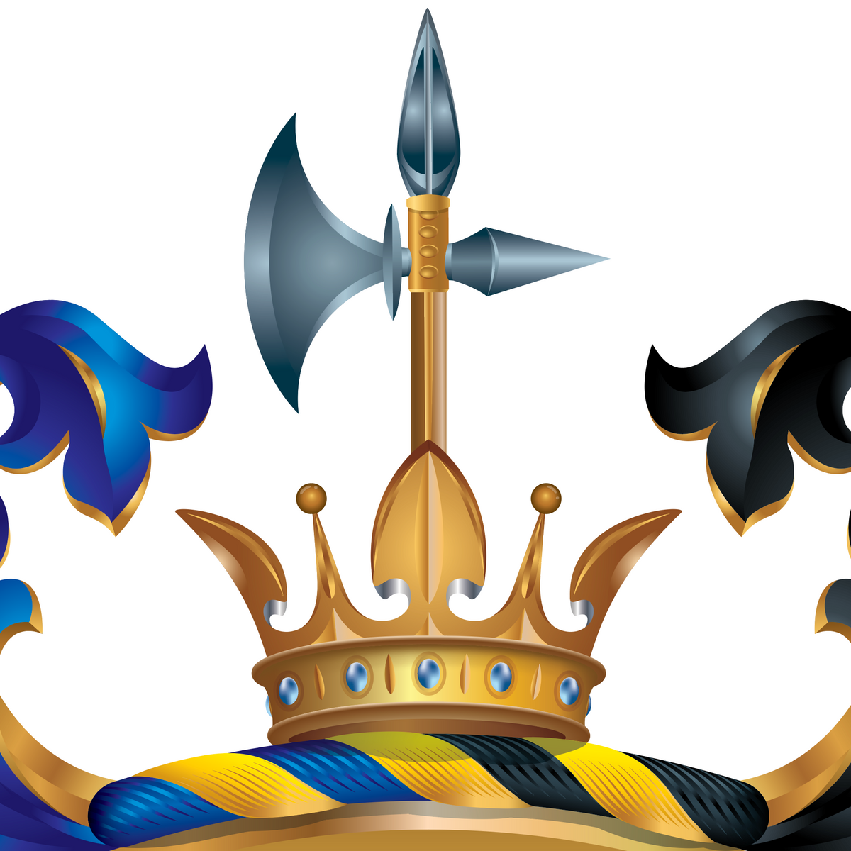 A close-up of the Jenkins Family Coat of Arms featuring a golden crown topped with a double-sided axe, flanked by ornate blue and gold scrollwork on a black background.