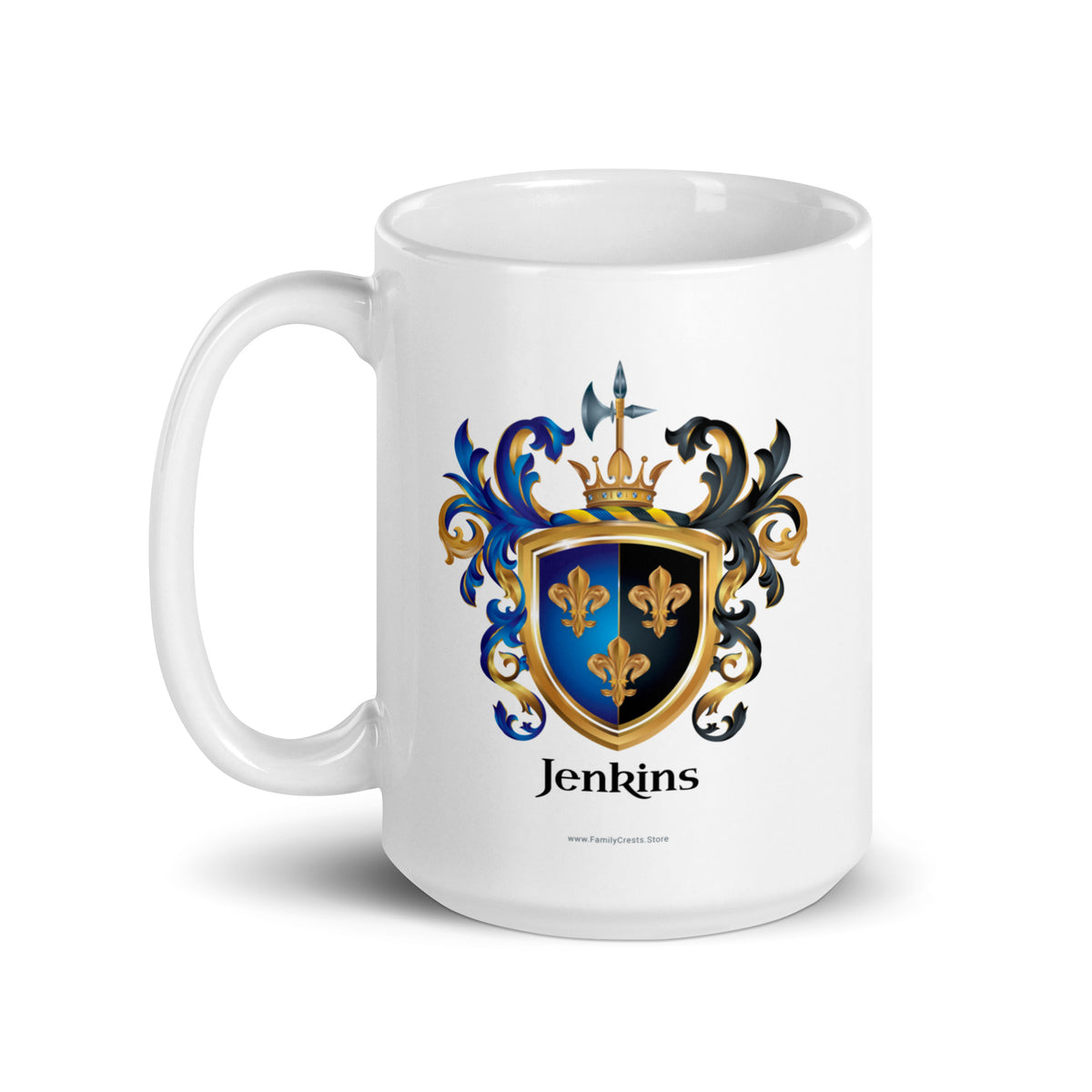 A white mug with handle to left, on a white background, printed with the Jenkins Family Coat of Arms featuring 3 gold fleur de lis on a a split colour shield with blue to the left and black to the right.