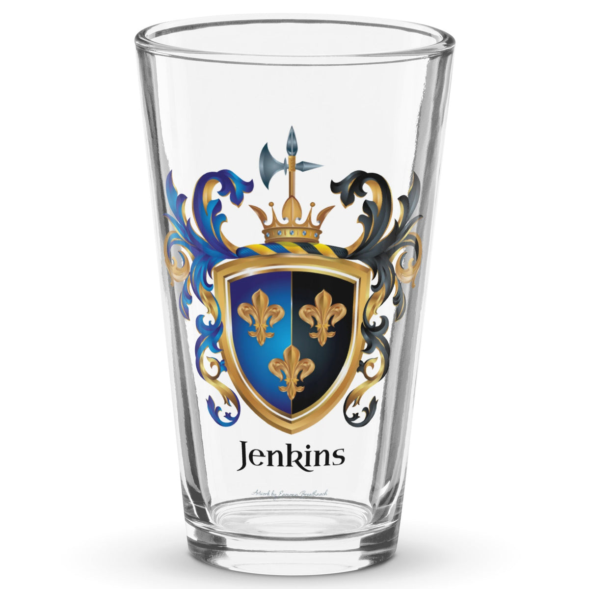 A clear classic pint beer glass on a white background, printed with the Jenkins Family Coat of Arms featuring 3 gold fleur de lis on a a split colour shield with blue to the left and black to the right.