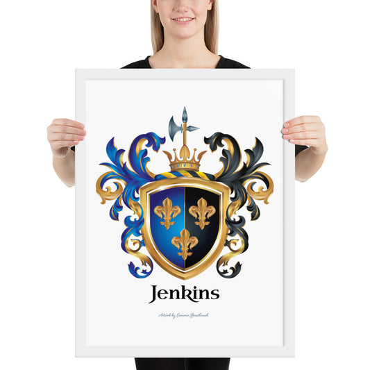 A woman standing in a white background, holding a white framed print of the Jenkins Family Coat of Arms featuring 3 gold fleur de lis on a a split colour shield with blue to the left and black to the right.
