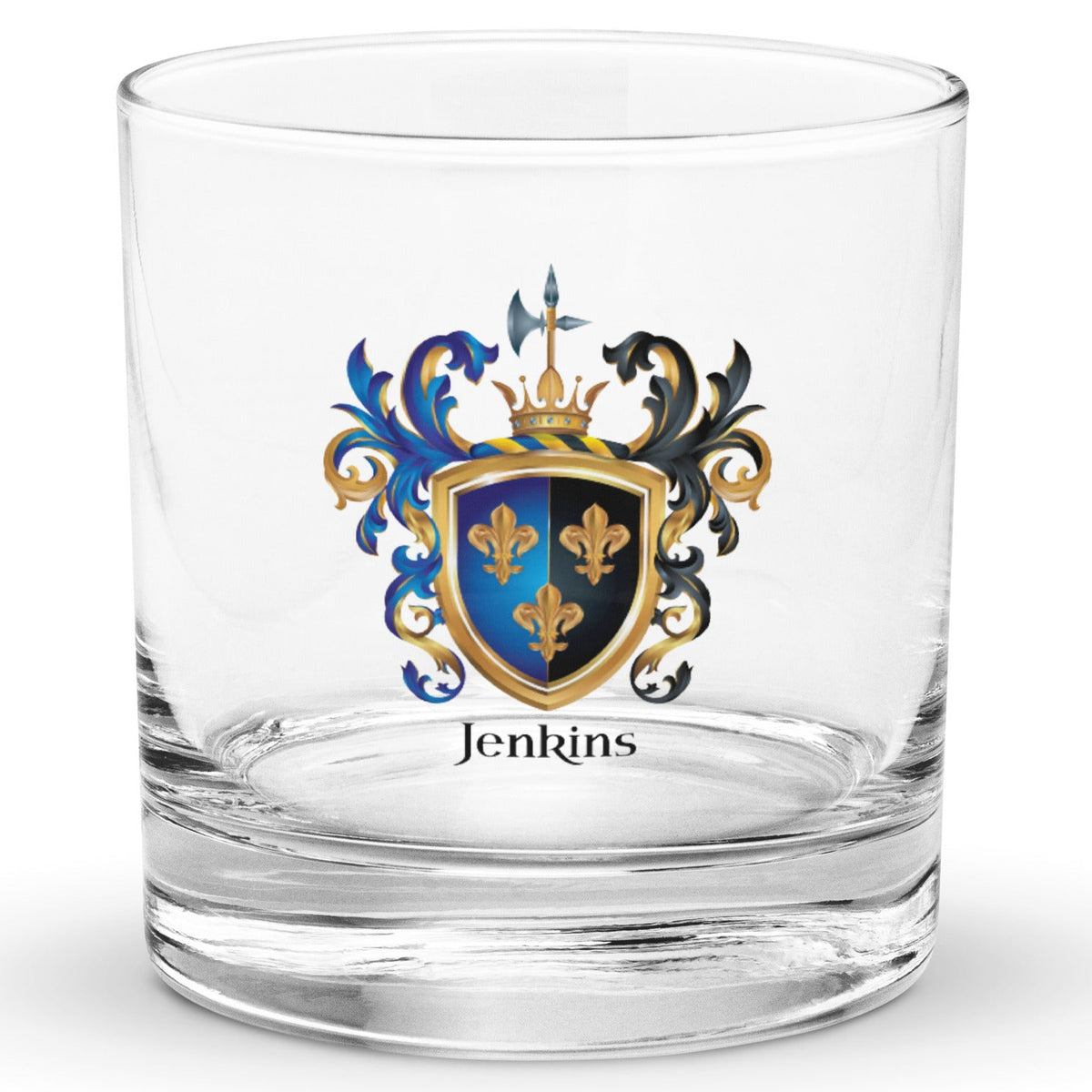 A clear classic heavy base rocks glass on a white background, printed with the Jenkins Family Coat of Arms featuring 3 gold fleur de lis on a a split colour shield with blue to the left and black to the right.
