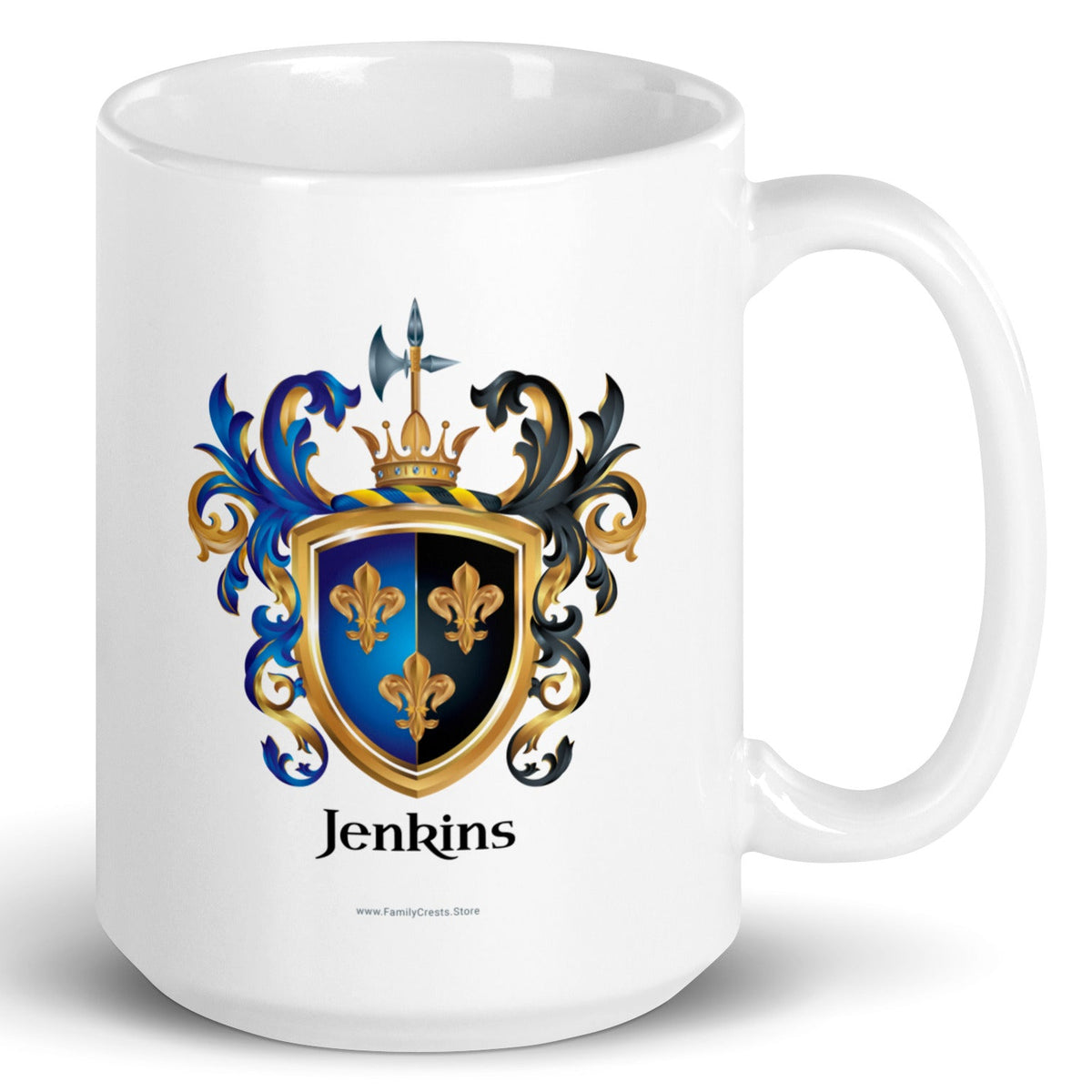A white mug with handle to right, on a white background, printed with the Jenkins Family Coat of Arms featuring 3 gold fleur de lis on a a split colour shield with blue to the left and black to the right.
