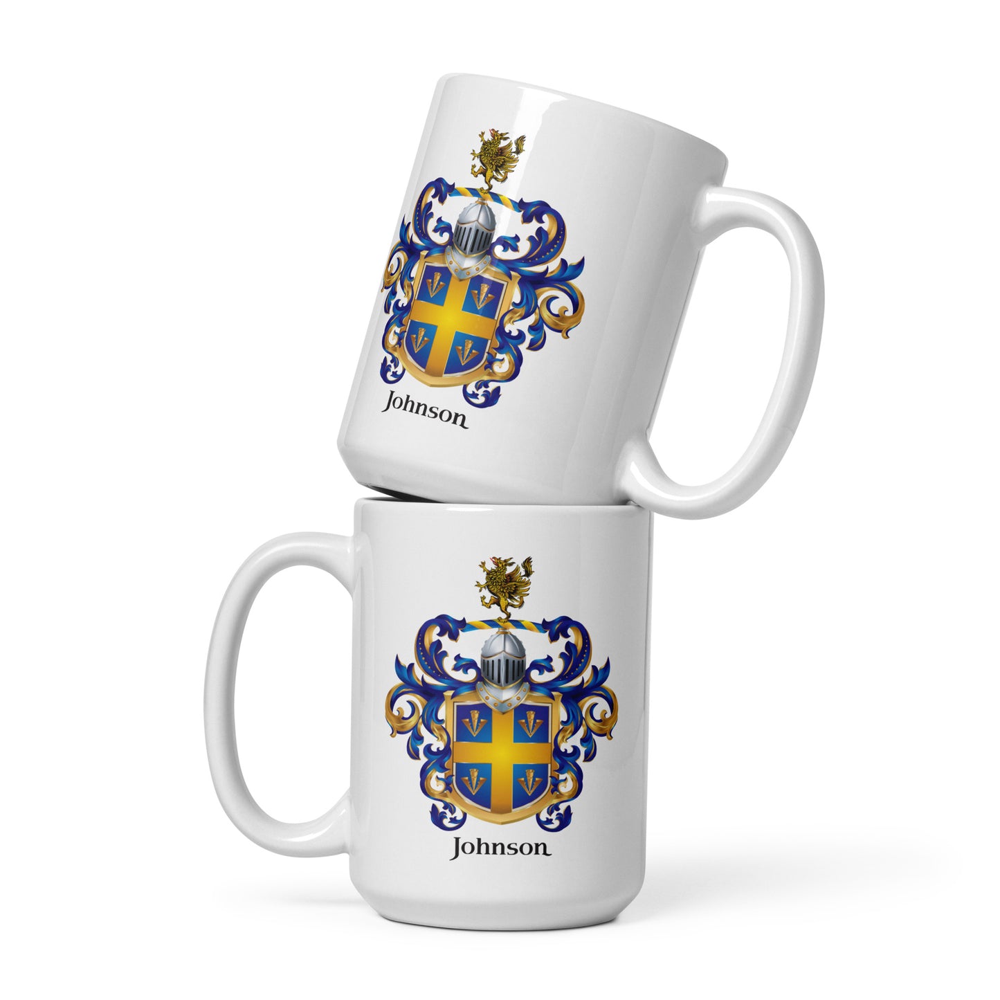 Two white mugs with a Johnson-Family-Crest on a white background