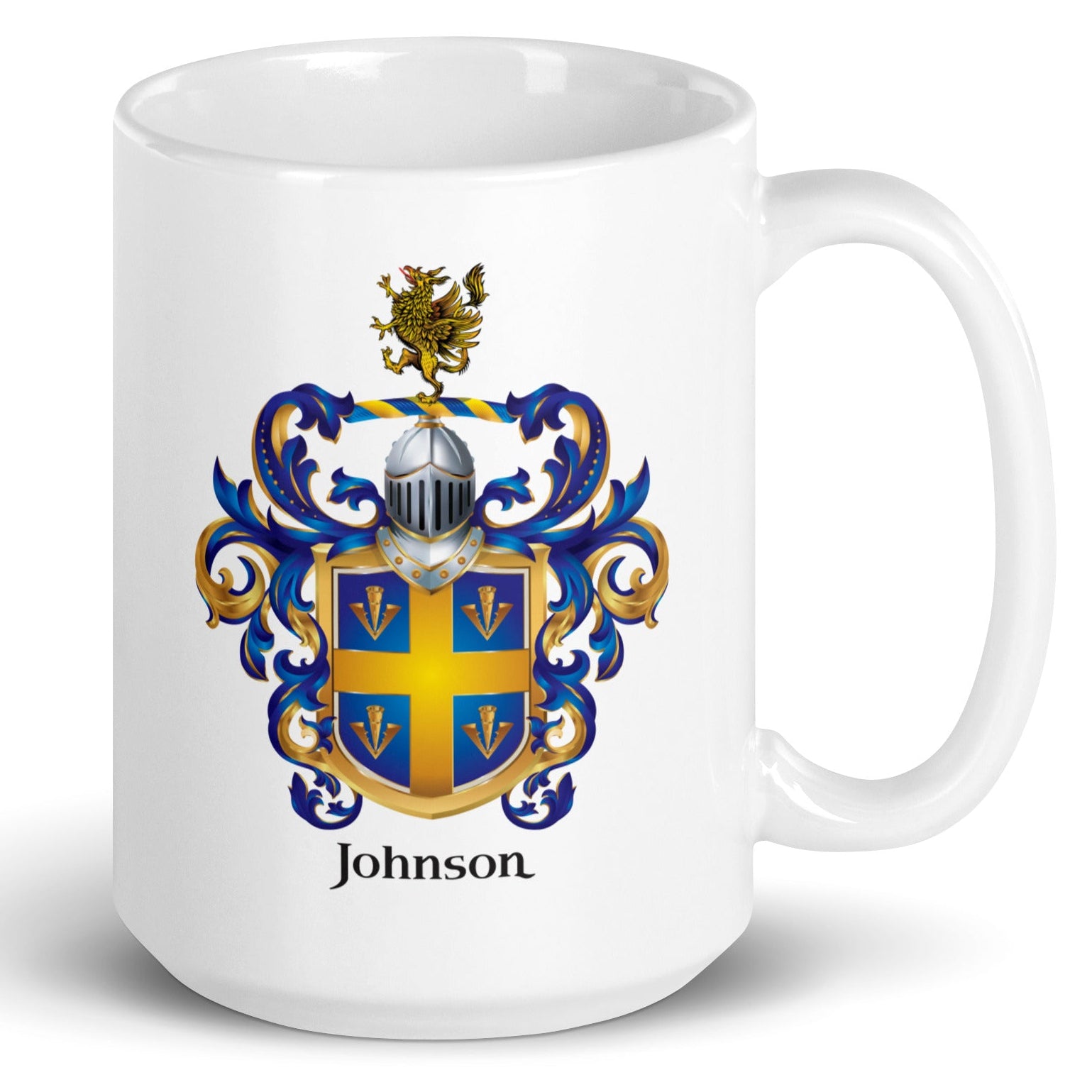 A white mug with the Johnson Family Crest mug featuring a blue shield with a gold cross, four golden arrow heads, a helmet and a griffin show on a white background.