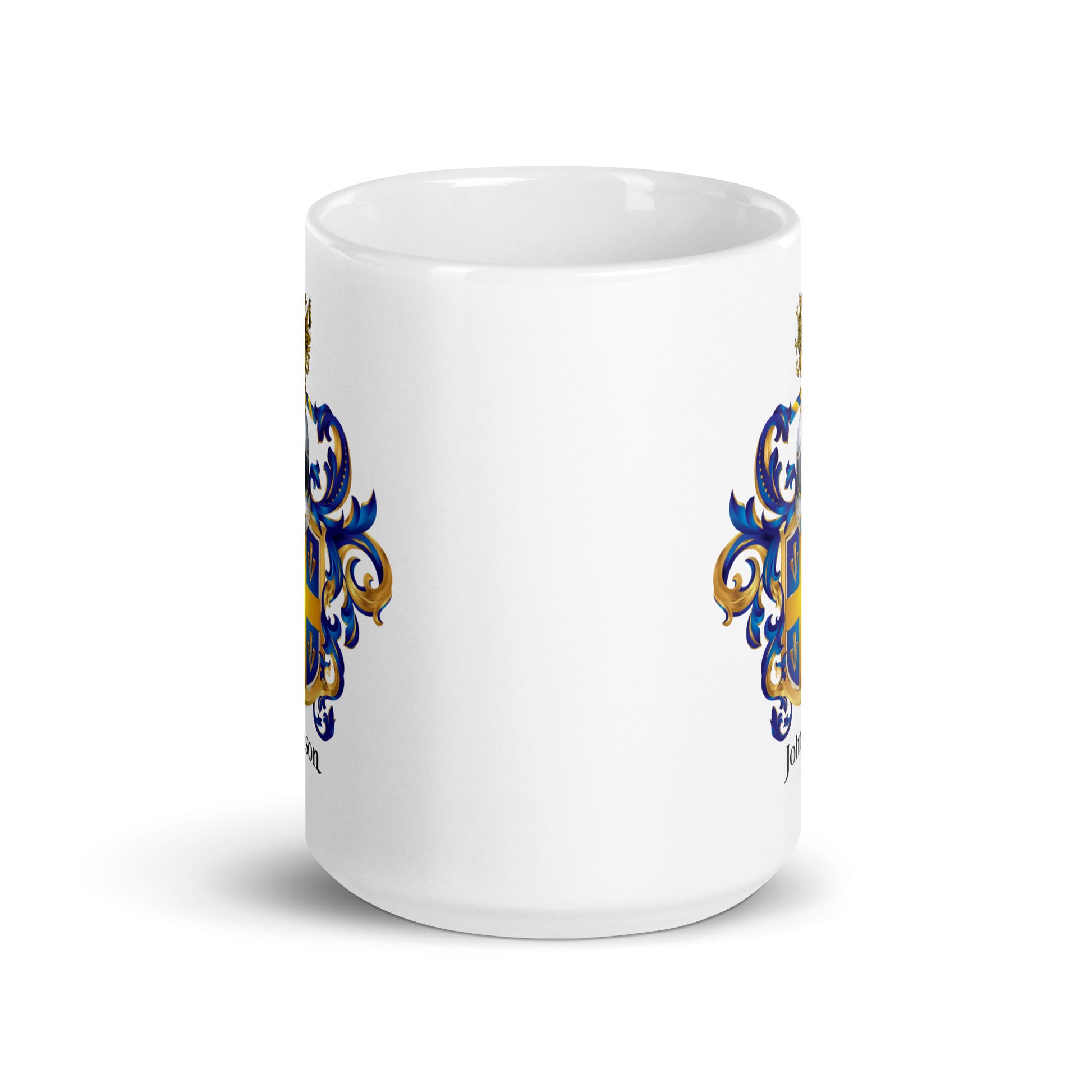 A white mug with Johnson family crest showing on two sides on white background 