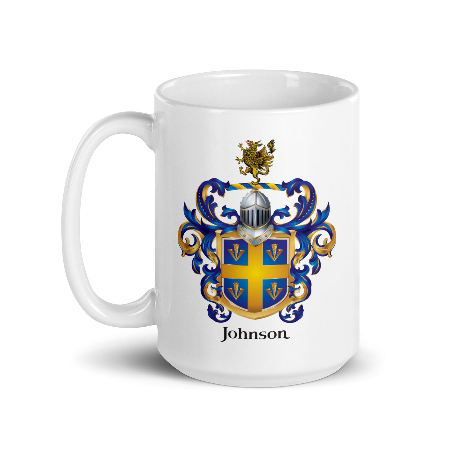A white mug with Johnson family crest on white background with handle on left.