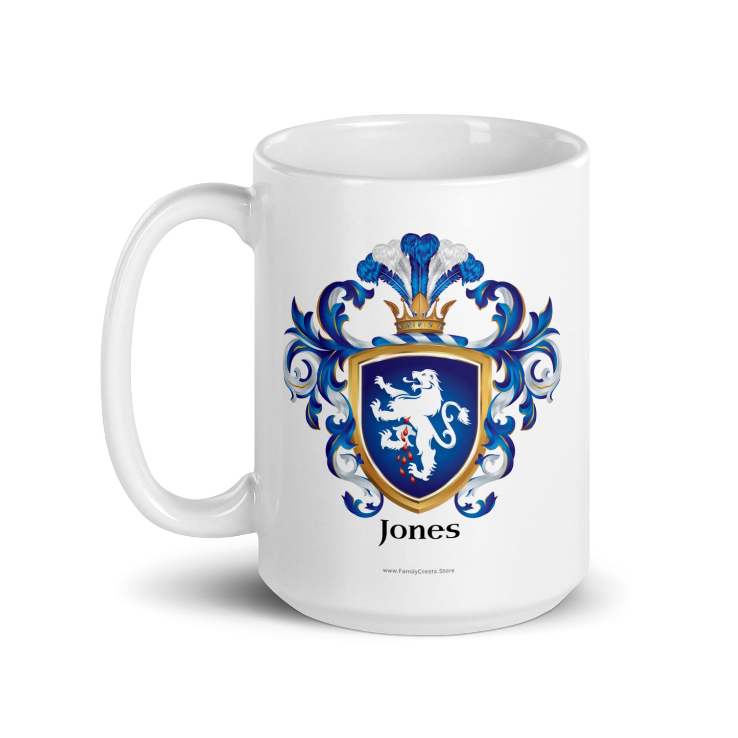 White mug with the Jones Family Crest on a white background