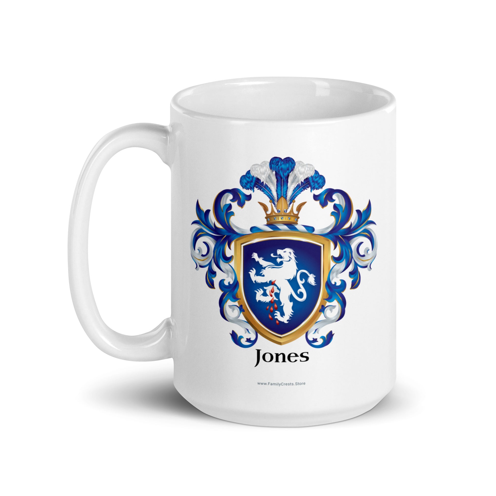 White mug with the Jones Family Crest on a white background