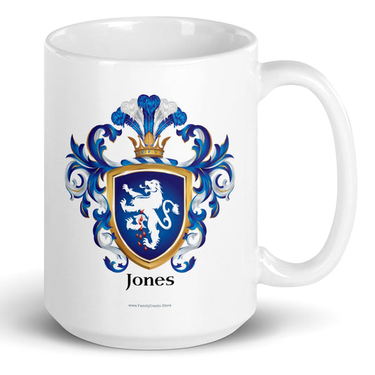 A white mug with the Jones Family Crest featuring a white lion on a blue shield, pictured on a white background