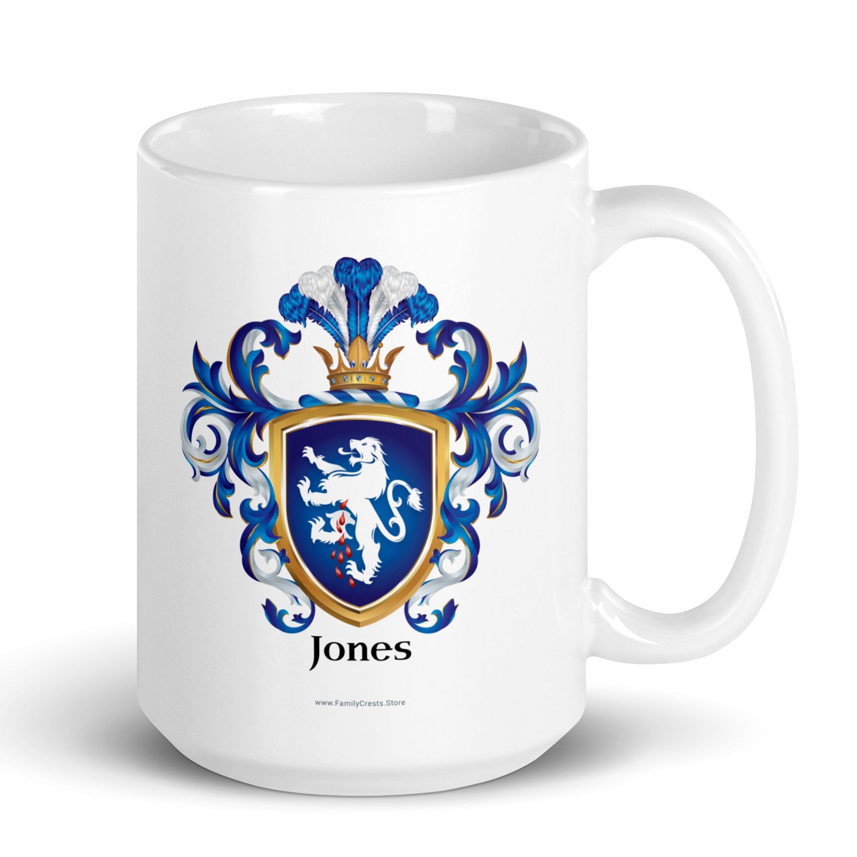 A white mug with the Jones Family Crest on a white background