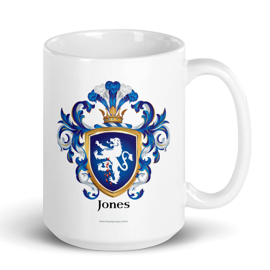 A white mug with the Jones Family Crest on a white background