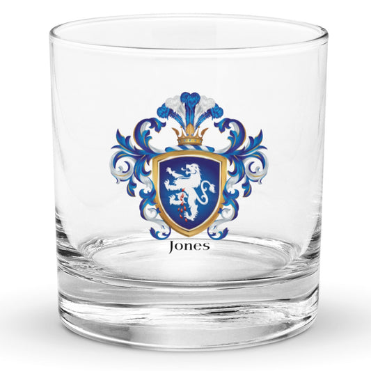 Jones Family Crest rocks glass with white background