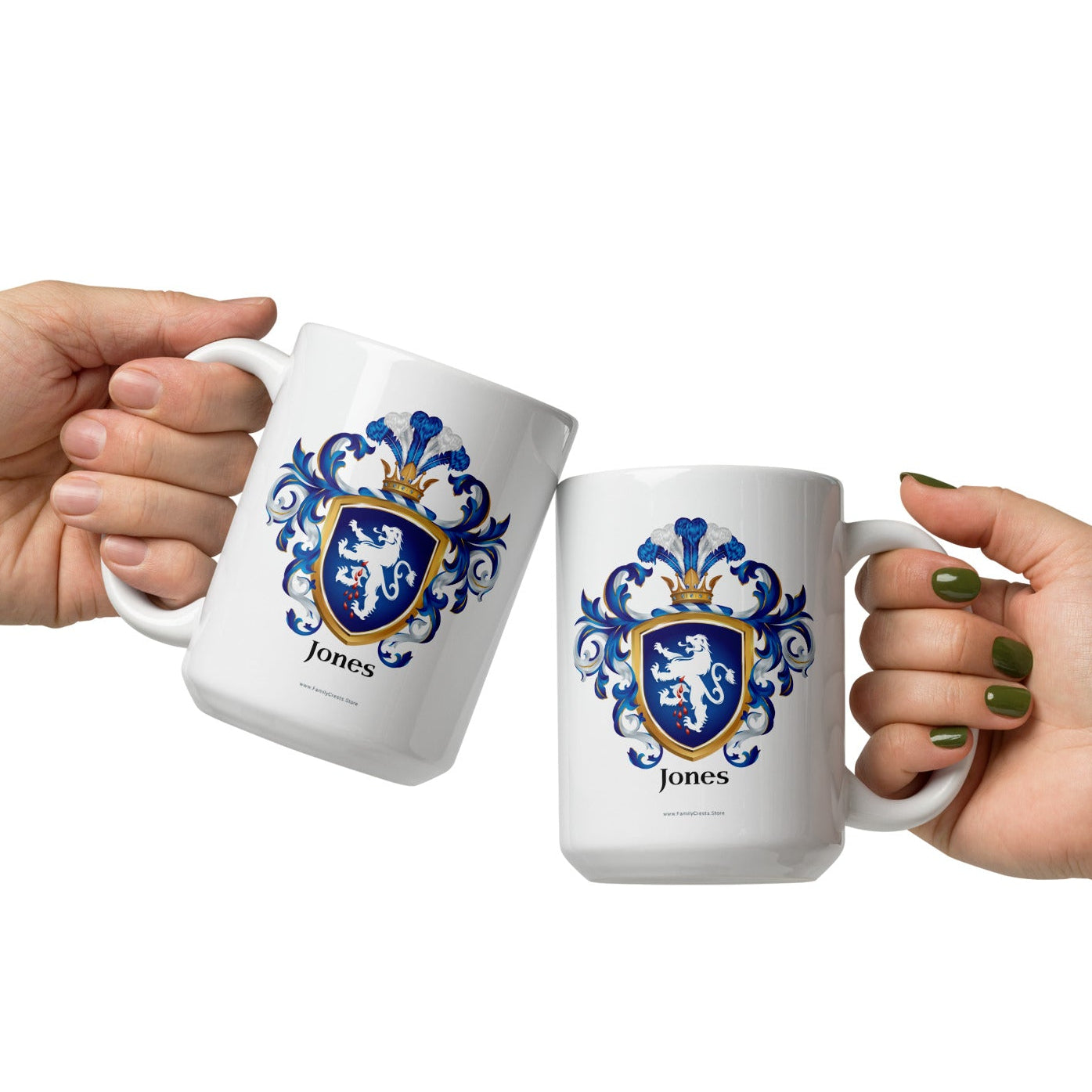 Two hands holding white mugs with blue and gold crest design and 'Jones' text on a white background