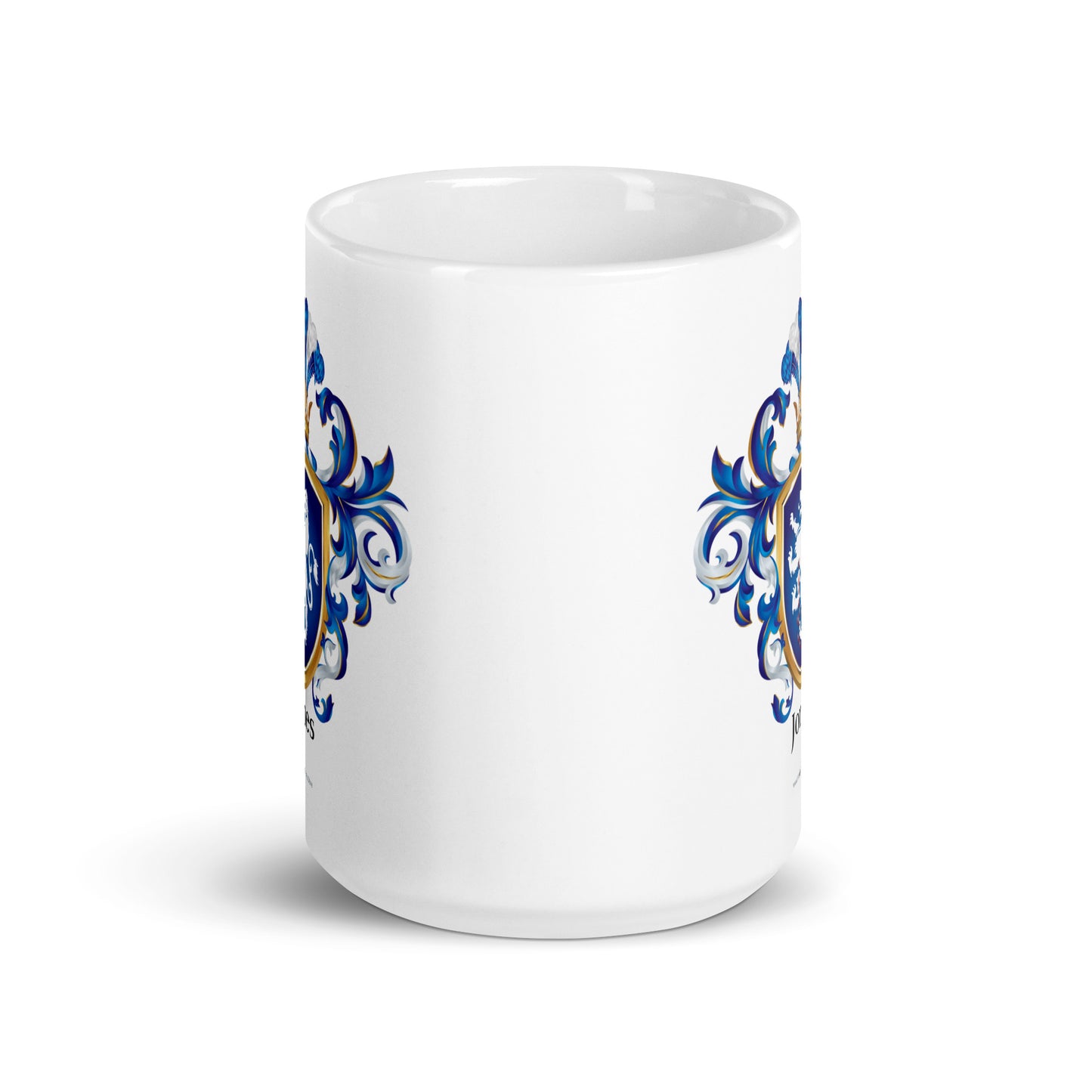 White mug with the Jones Family Crest on a white background