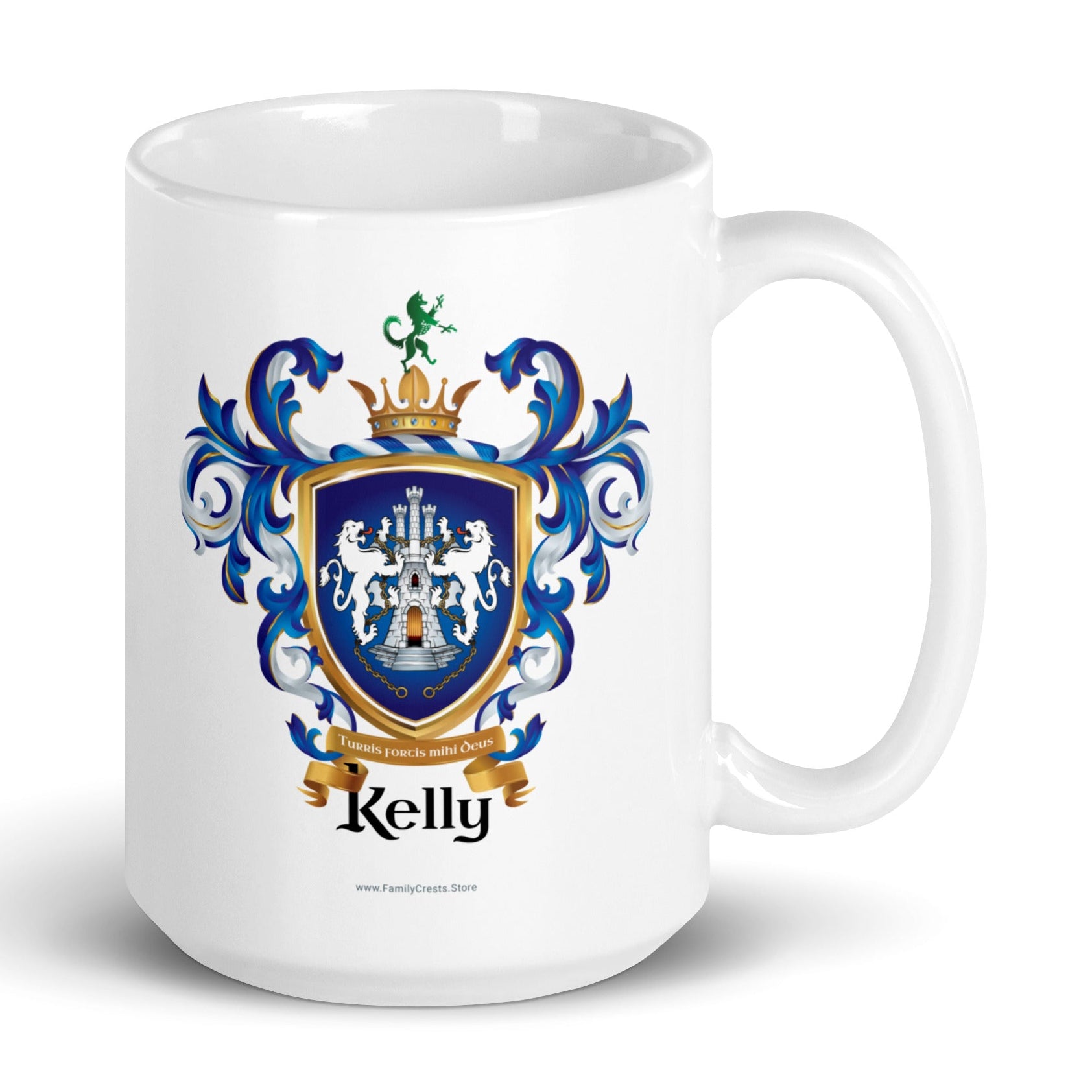 A white mug with the Kelly Family Crest featuring 2 lions and a castle on a blue shield