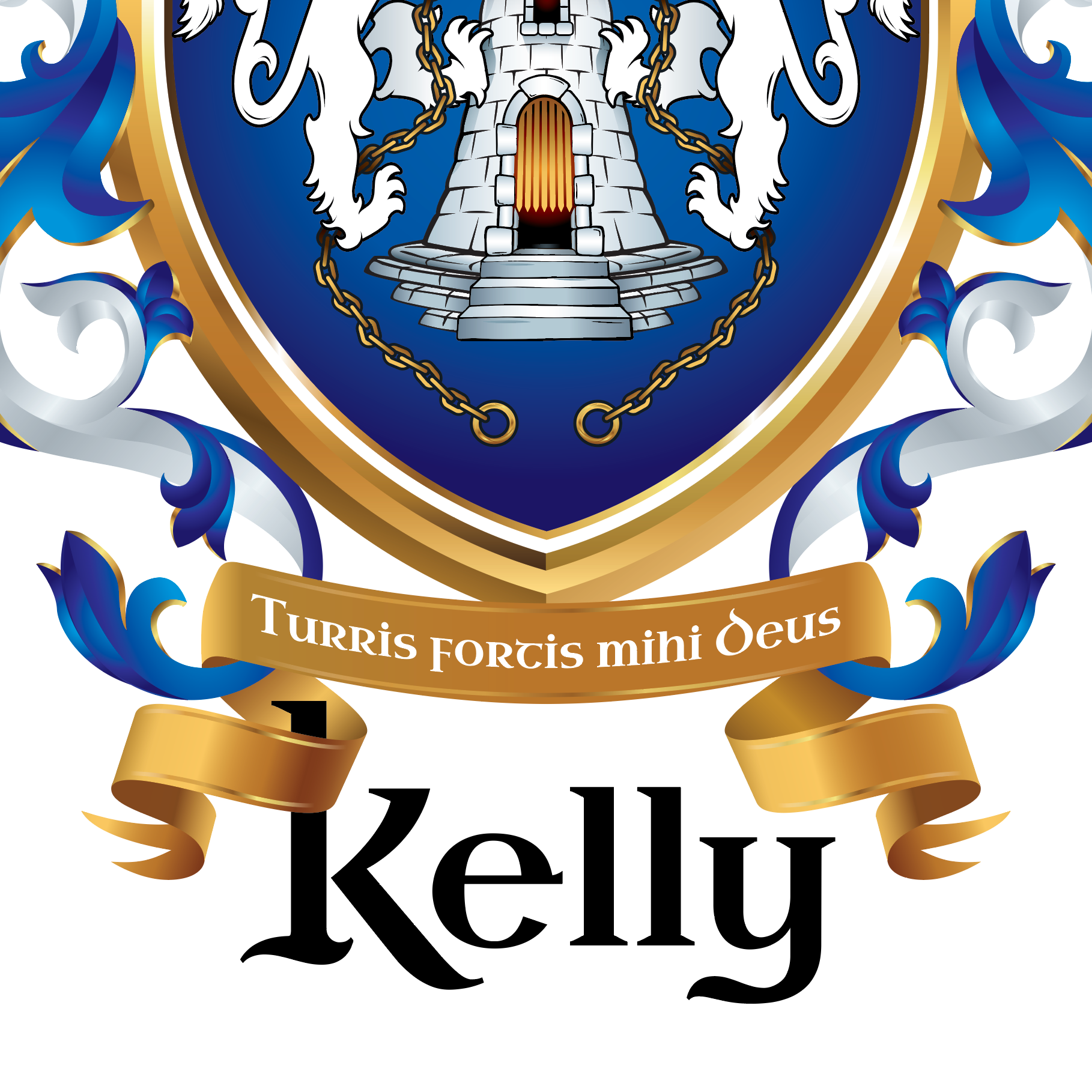 A closeup of the Kelly coat of arms showing a blue shield, white lions, a stone tower, gold chain, blue and white scrollwork, a gold motto ribbon banner reading 'Turris fortis mihi Deus,' and the word 'Kelly' below in large black script on a white background.