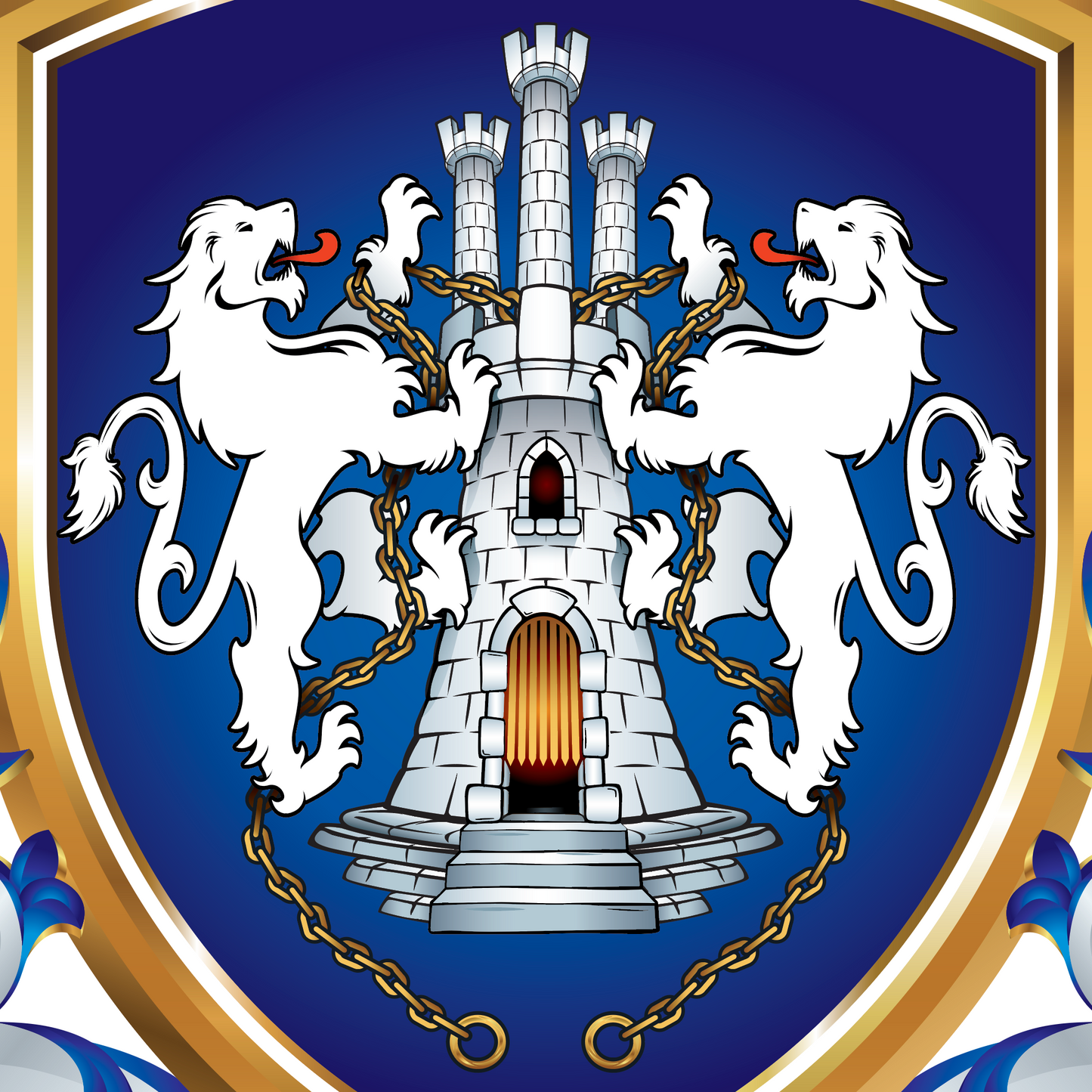 A closeup of the Kelly coat of arms featuring a blue shield with a white castle and two white lions holding gold chains, framed by a gold border and blue-and-white decorative mantling