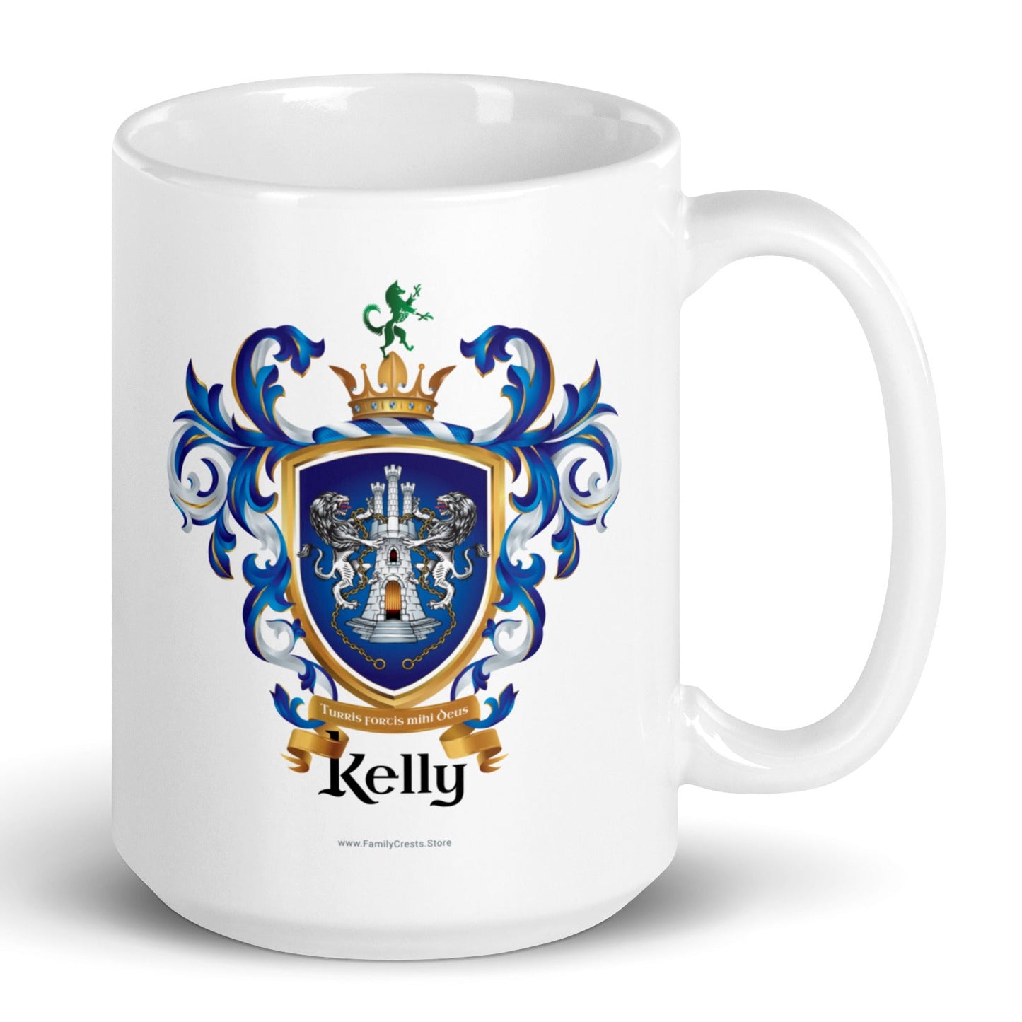 A white mug with a detailed Kelly Family Crest with lions holding chains and a castle on a blue shield