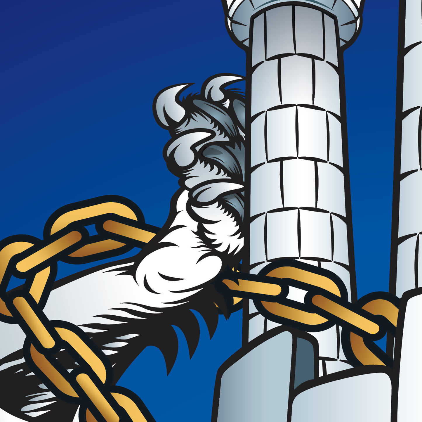 A closeup of the Kelly coat of arms crest with lion paw against stone tower