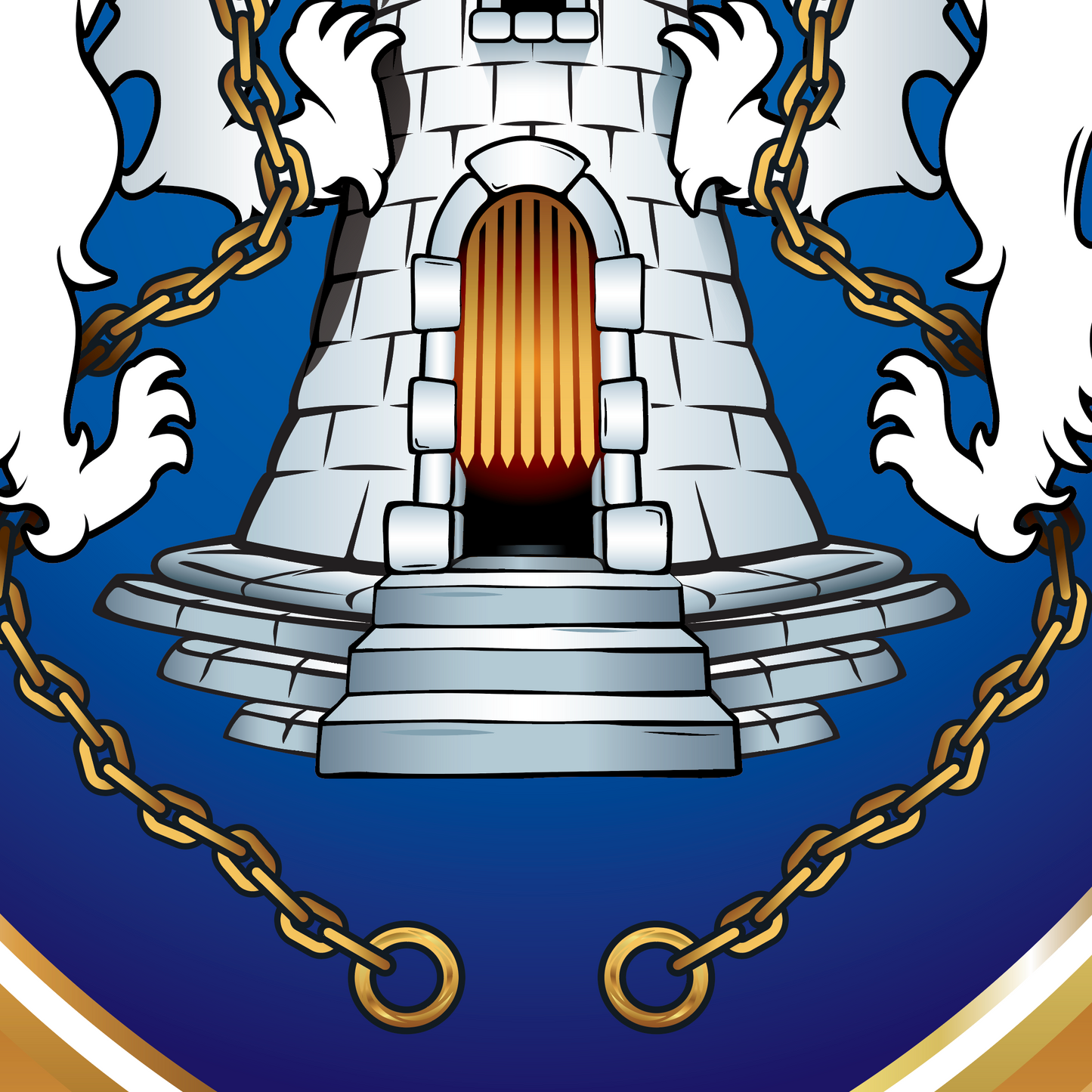 A closeup of the Kelly coat of arms showing castle steps and gold portcullis