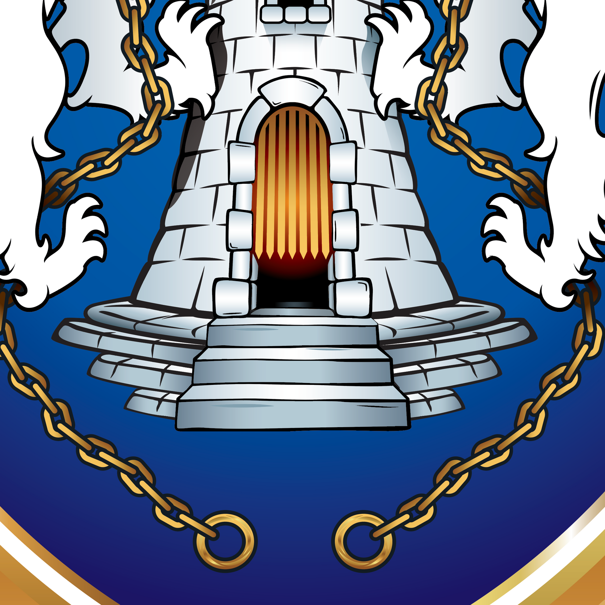 A closeup of the Kelly coat of arms showing castle steps and gold portcullis