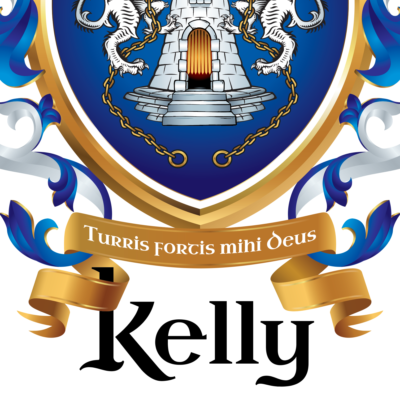 A closeup of the Kelly coat of arms crest showing part of a blue shield, white lions, a stone tower, and a gold banner with a motto reading 'Turris fortis mihi Deus' above the name 'Kelly' in black serif font, set against a solid white background.