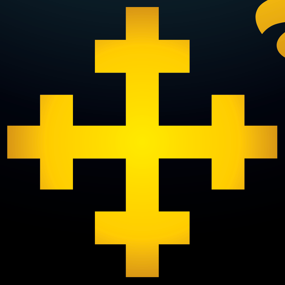 A closeup of the King Family Crest coat of arms featuring a gold cross on black shield background.