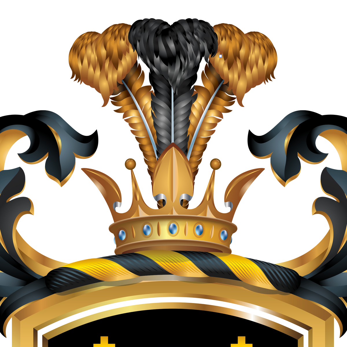 A closeup of the King Family Crest coat of arms featuring aa gold crown adorned with black and gold feathers, flanked by black and gold scrollwork, set against a plain white background.