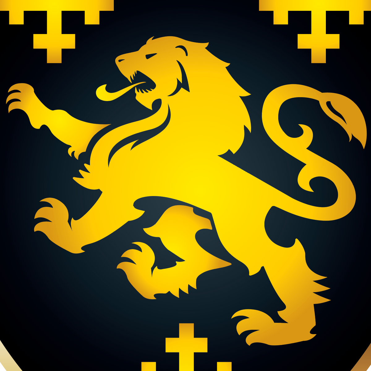 A closeup of the King Family Crest coat of arms featuring a golden lion rampant emblem on a black background with gold cross motifs at the corners.