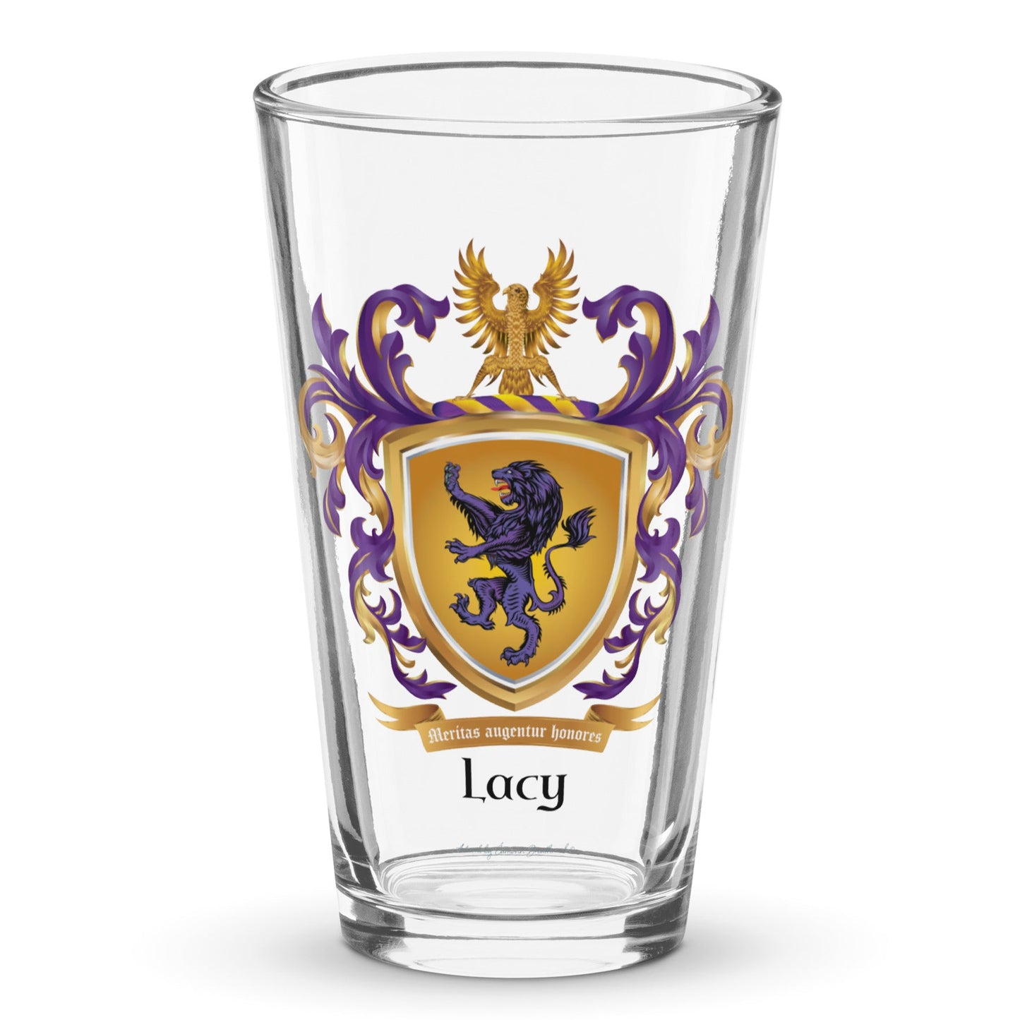 Pint glass on a white background with the Lacy family coat of arms with a purple lion on the front.